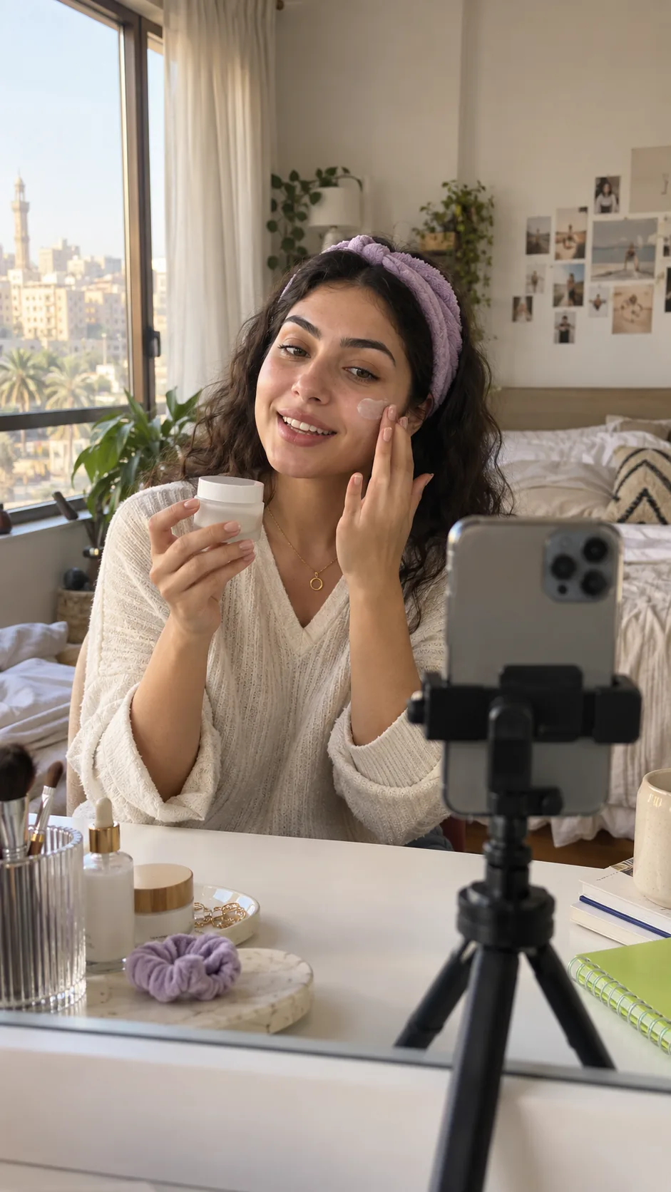 Beauty creator filming a skincare demonstration at home